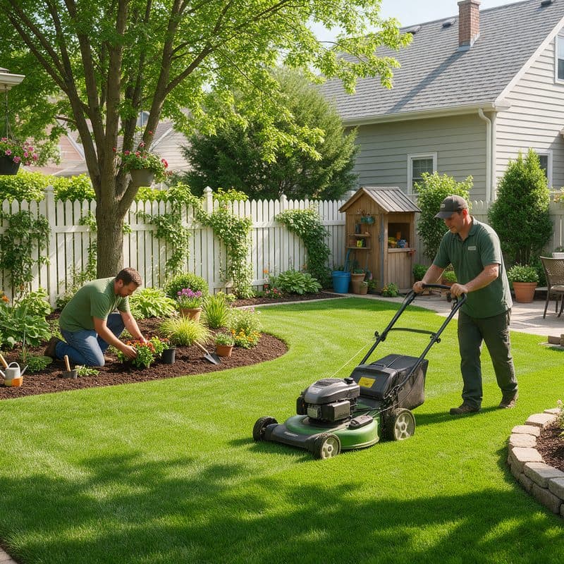 Landscaping crew maintaining a green Chicago-area yard