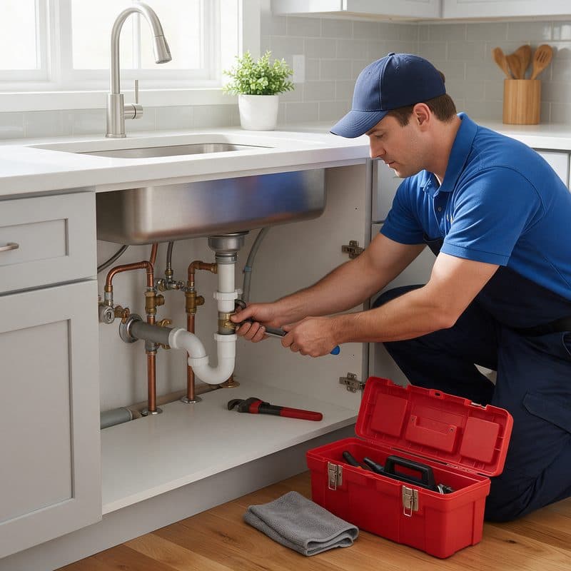 Plumber repairing pipes under a kitchen sink in a Chicago home
