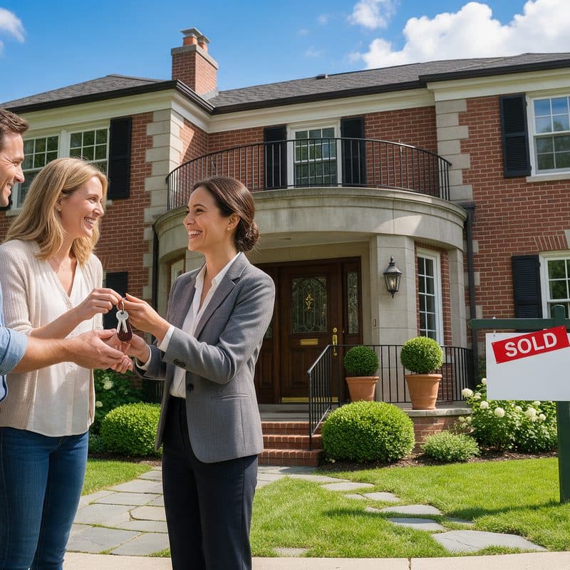 Real estate agent handing keys to a couple outside a Chicago home