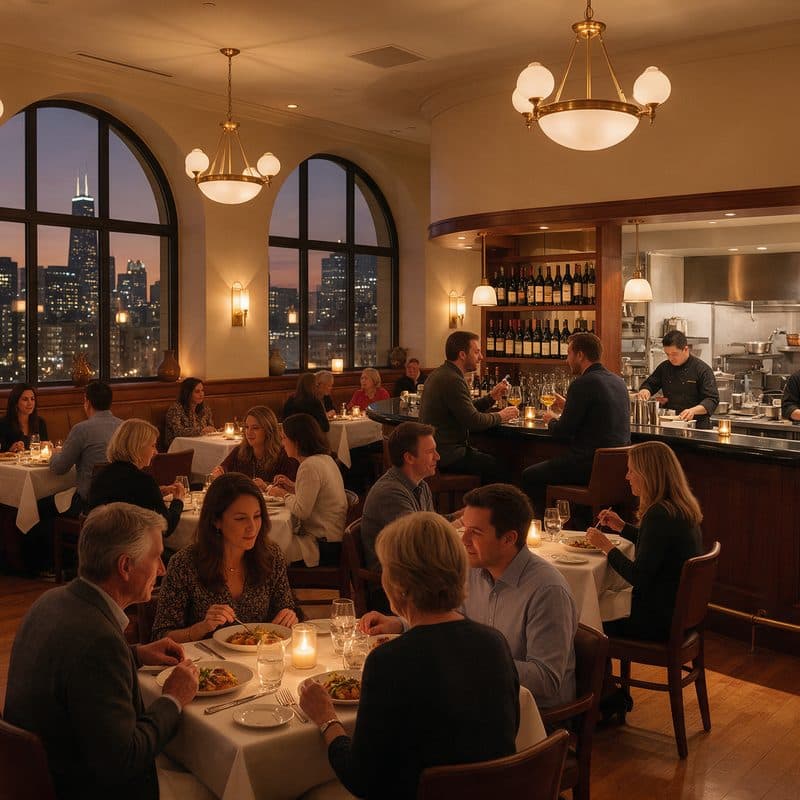 Warmly lit upscale Chicago restaurant interior with diners