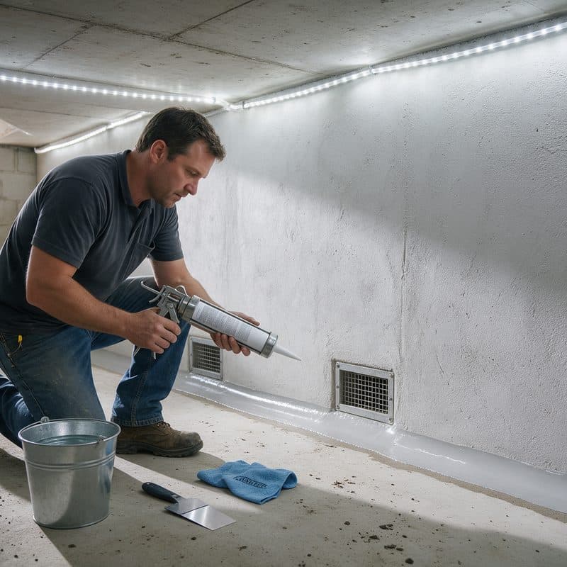 Contractor waterproofing a residential basement foundation